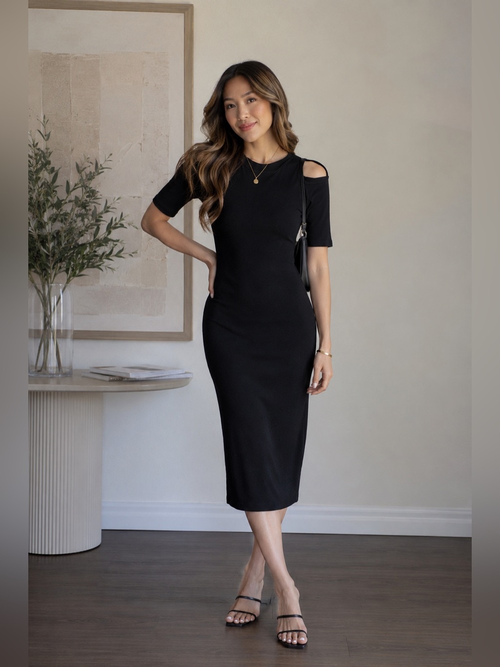 ❤️ Monteau Black Cut-Out Shoulder knit Midi Dress size M